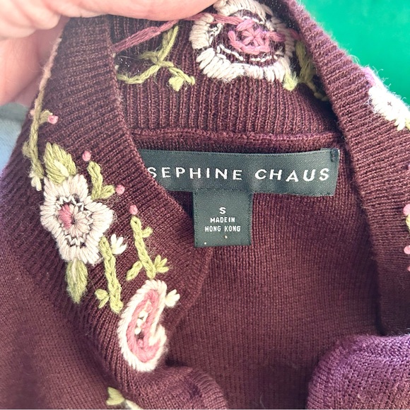 Long Maroon Wool Blend Cardigan with Embroidered Flowers at trim Small - Picture 5 of 11